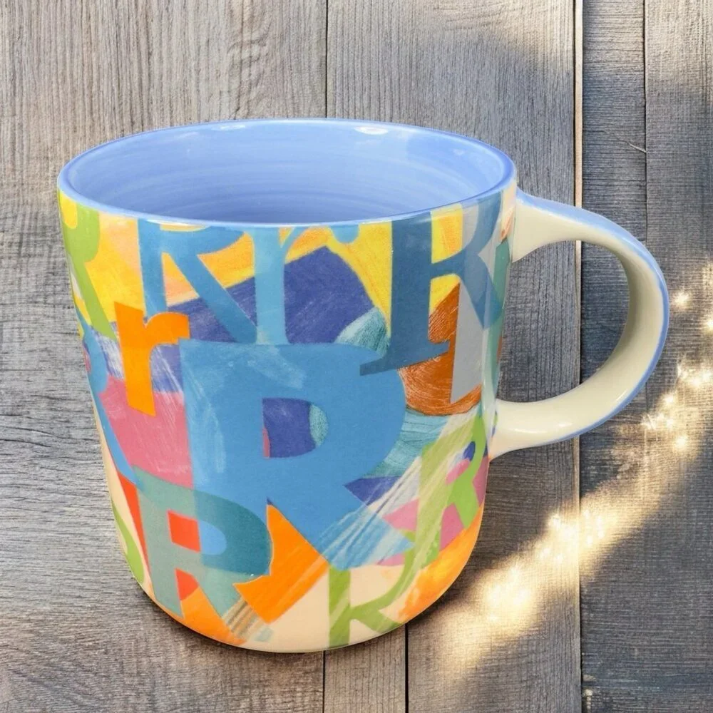 Anthropologie Monogram R Multiple Rs Colorful Ceramic Mug Cup Blue Inside‎ Mug